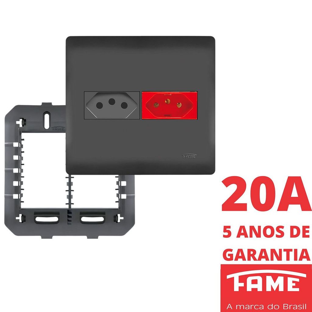 Tomada Padrão 2P+T 20A e Tomada Padrão 2P+T 20A Vermelha 4X4 Com Placa Habitat Black Preto FAME