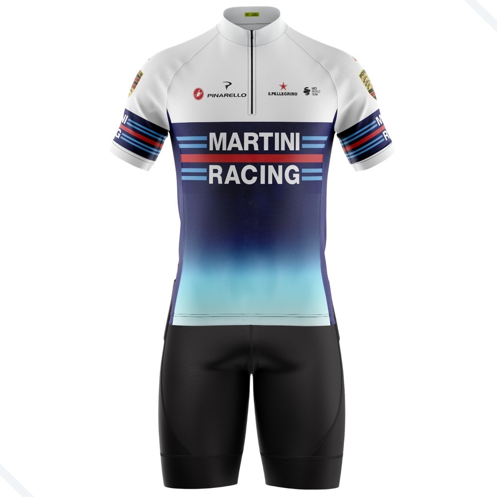 CONJUNTO CICLISMO MASCULINO BERMUDA E CAMISA MARTINI AZUL COM BOLSOS UV 50+