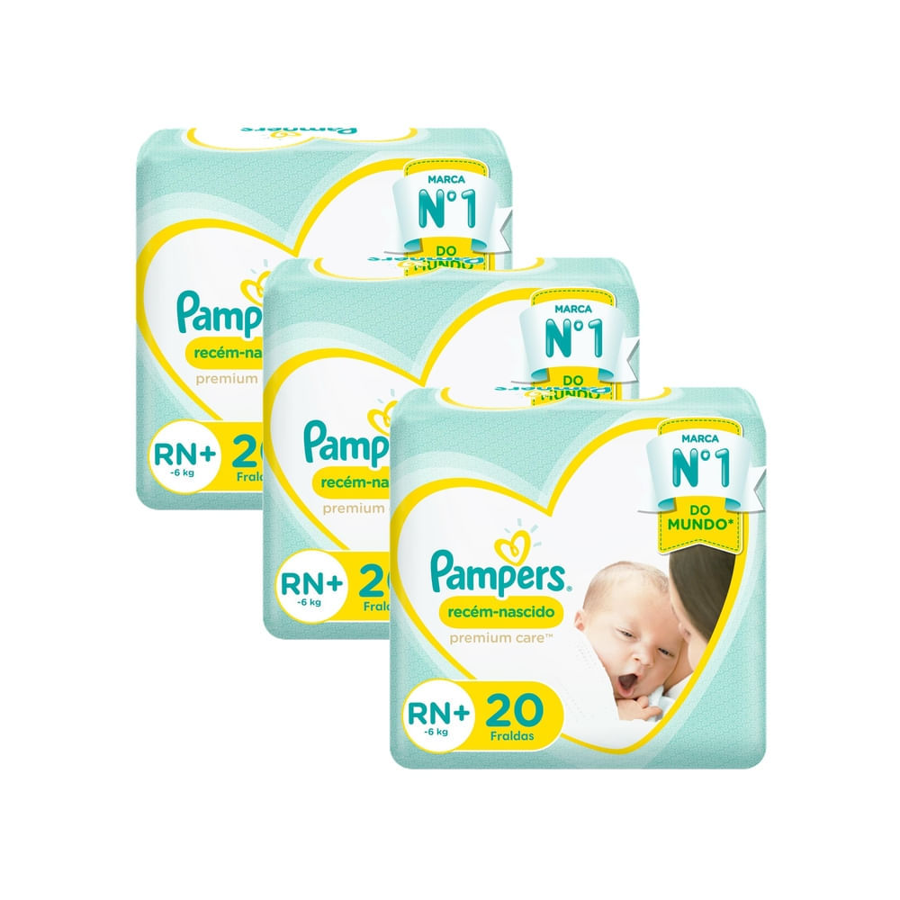 Kit 3 Fralda Pampers Recém-Nascido Premium Care RN+ com 20 Unidades em Oferta na Shopee