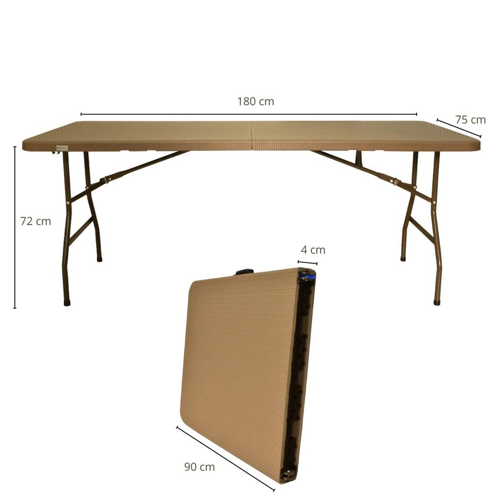 Mesa Dobrável 1,80m Vira Maleta com Alça Rattan Marrom | Portátil P/Eventos,Festas e Áreas Externas | Trava de Segurança