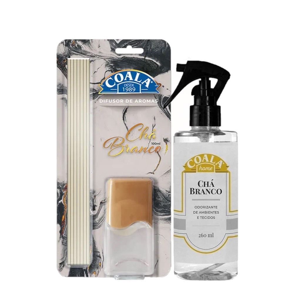 KIT SPRAY ODORIZANTE 260ML + DIFUSOR DE AROMAS COALA CHÁ BRANCO 100ML em Oferta na Shopee