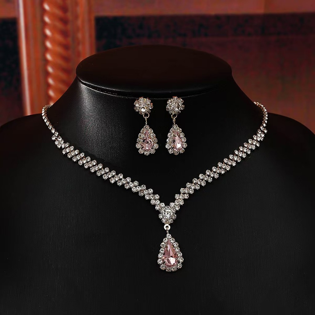 Conjunto 2 Em 1 De Colar E Brincos De Diamante Rosa Feminino Conjunto De Joias De Casamento De Luxo