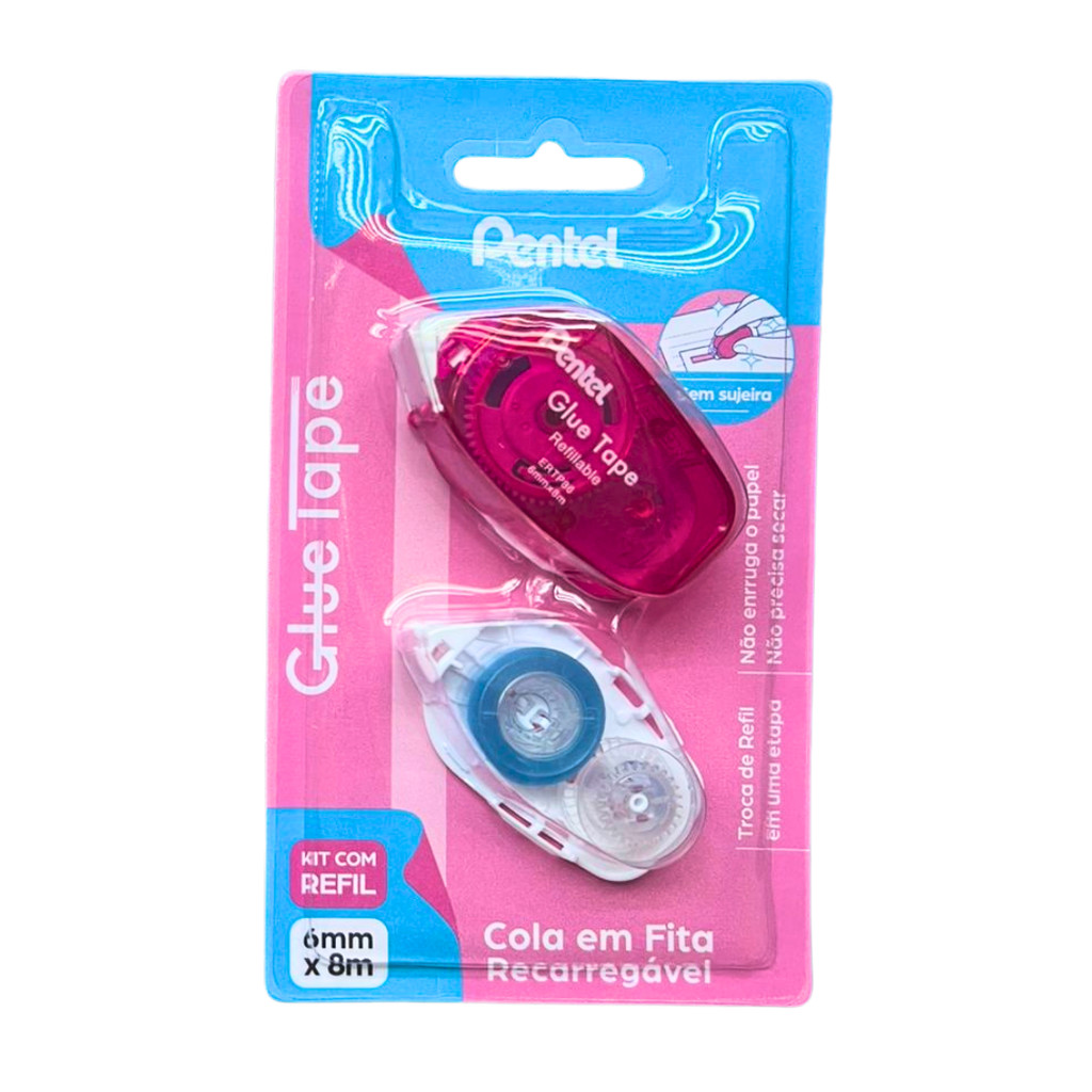 Cola Em Fita Pentel Recarregável Rosa 6mm X 8m + Refil Grátis