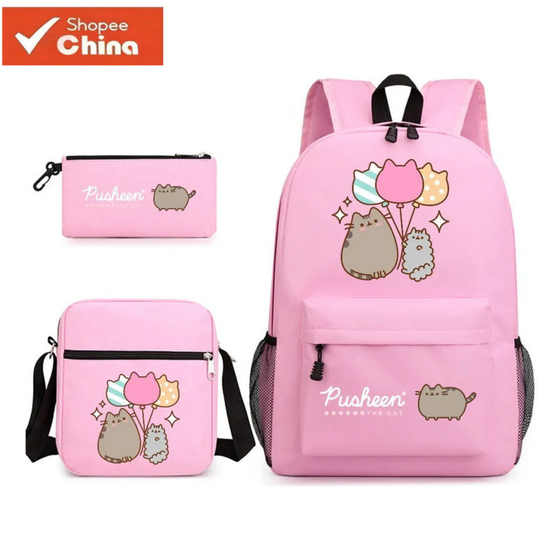 Conjunto de 3 Mochilas Escolares com Estampa de Gato Gato Gordo IFK8
