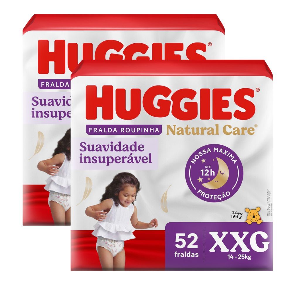 Kit 2 Fralda Roupinha Huggies Natural Care Tamanho XXG Pacote Hiper 52 Unidades Descartáveis em Oferta na Shopee
