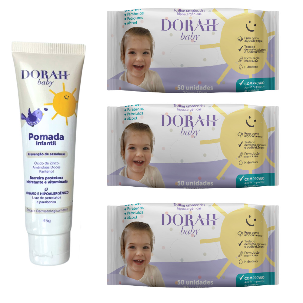 3x Toalhas Umedecidas Hipoalergênicas SEM Álcool - 50 Folhas + 1 Pomada 45g - Dorah Baby