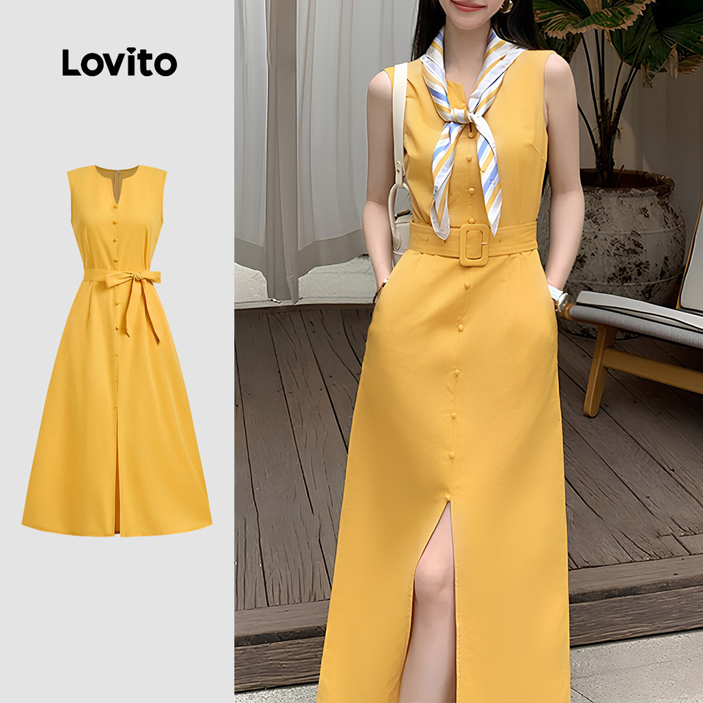 Lovito Vestido Casual de Botão para Primavera/verão Amarelo para mulheres LBL28341 em Oferta na Shopee
