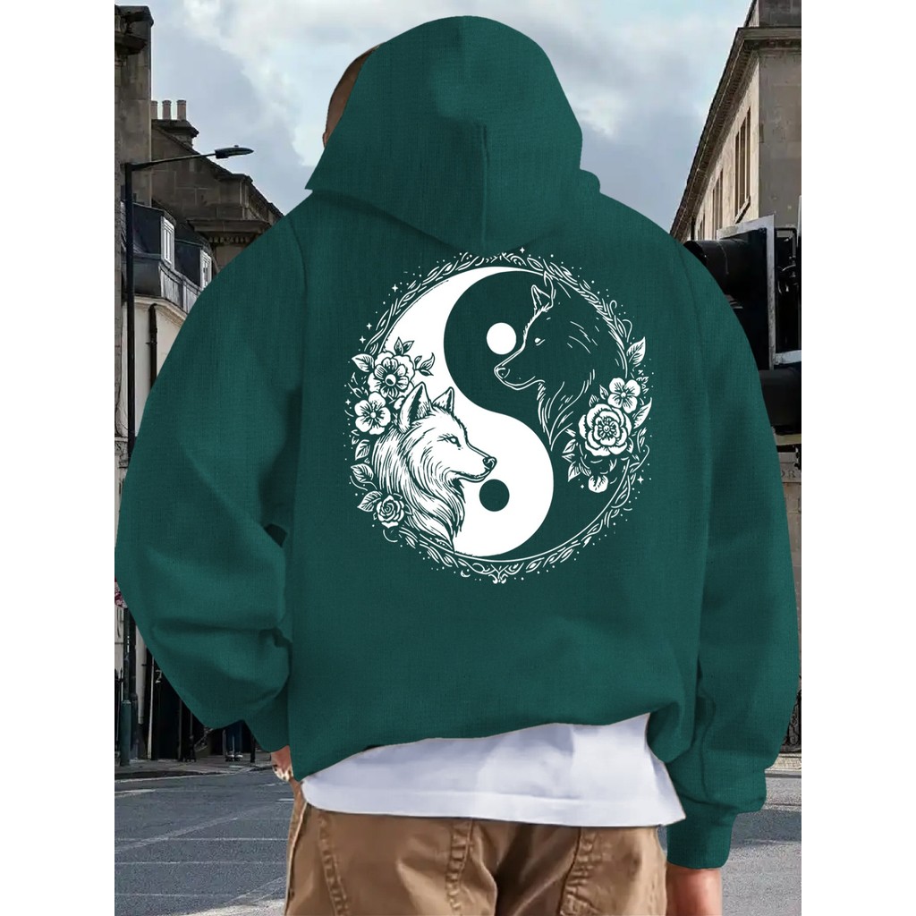 Moletom com Capuz Masculino Estampa Yin-Yang e Lobo Uivando para a Lua - Pullover Inspirado em Artes Marciais