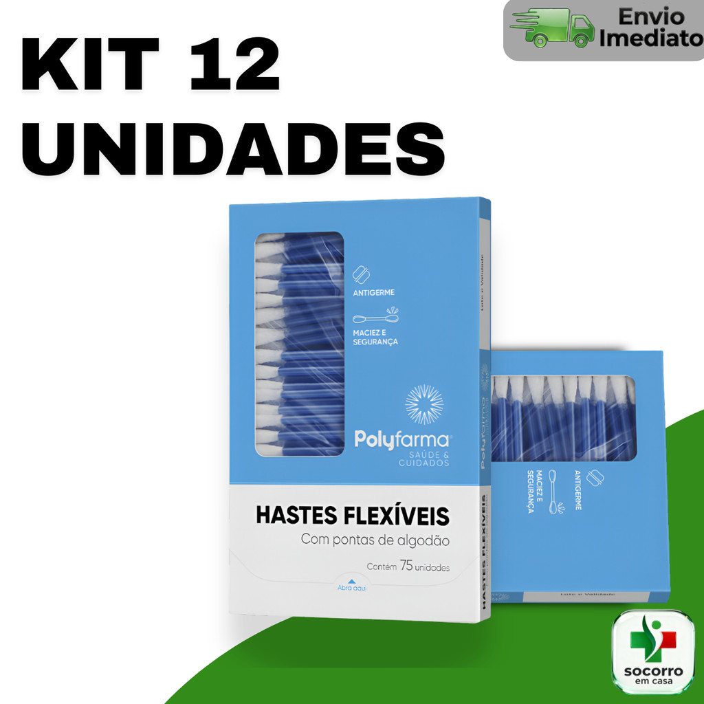 Kit com 900 Cotonetes Hastes Flexiveis Polyfarma antigerme uso diário Caixa com 75 unid em Oferta na Shopee