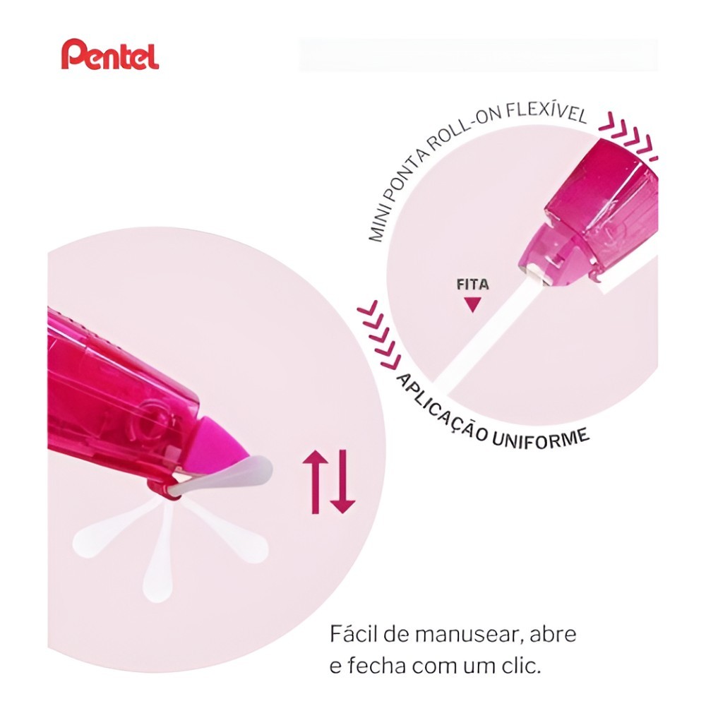 Detalhes do Fita Corretiva Pentel Rosa 6m x 5mm Com Refil ZTP205R-P