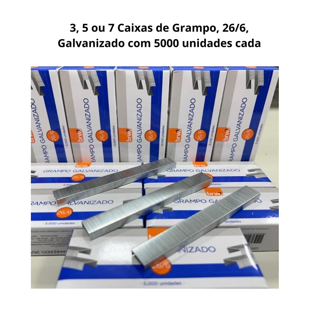 3, 5 ou 7 Grampos para Grampeador 26/6 Galvanizado - Caixa com 5.000 Unidades