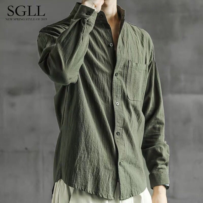 Camisa de linho masculina manga longa outono estilo chinês camisa masculina solta tamanho grande jaqueta masculina algod