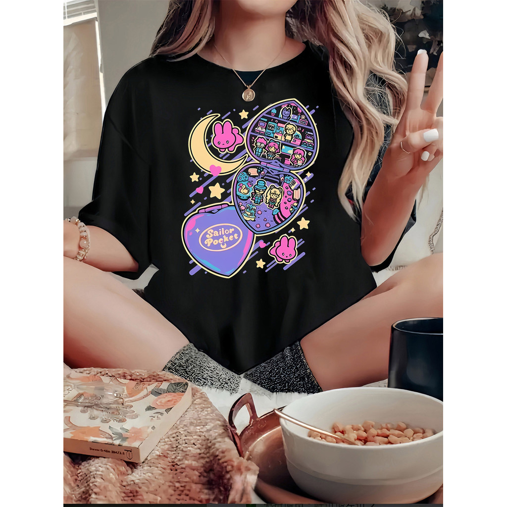 Camiseta Feminina Sailor Moon Coração Coelho Geométrico Estampada Estilosa Confortável Fofa Casual
