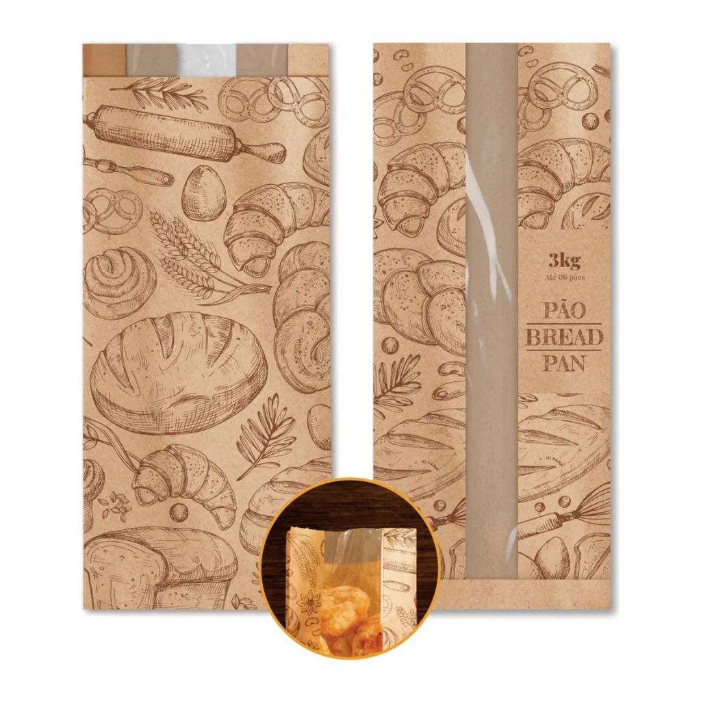 Saco Kraft Padaria Com Visor 3kg Embalagem 500und 16,5x37cm