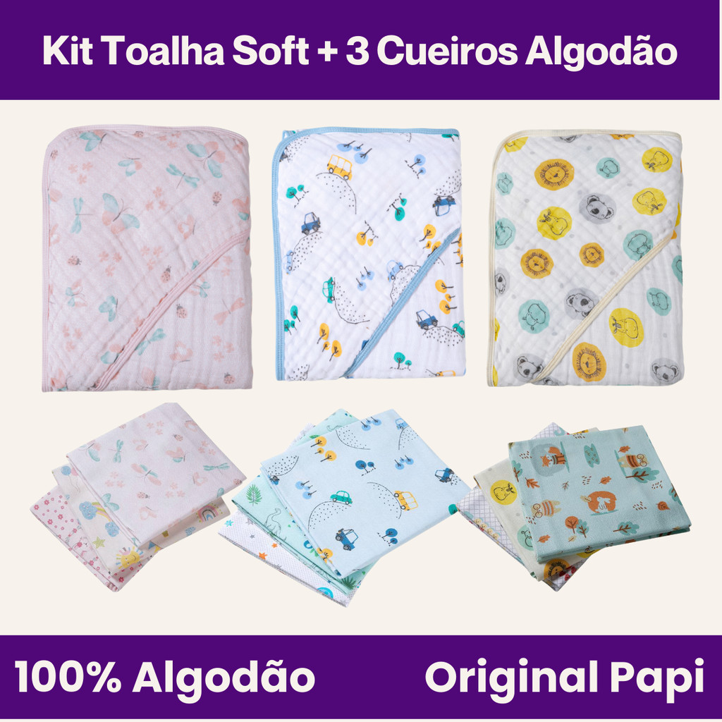 Kit Enxoval Toalha de Banho Capuz + 3 Cueiros Algodão Papi em Oferta na Shopee