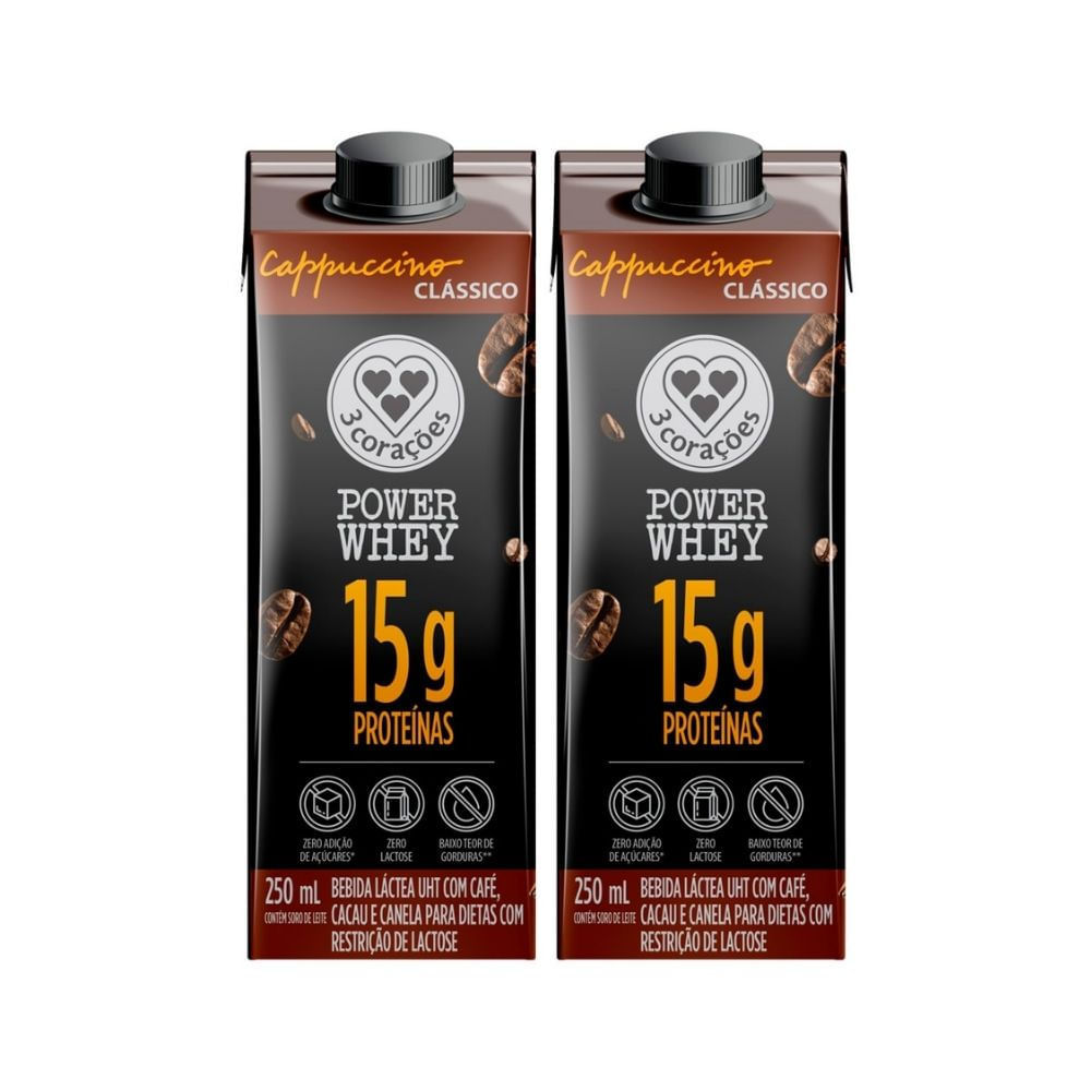 Kit 2 Bebida Lactea 3 Coracões Power Whey com 15g de Proteína Cappuccino Clássico 250ml