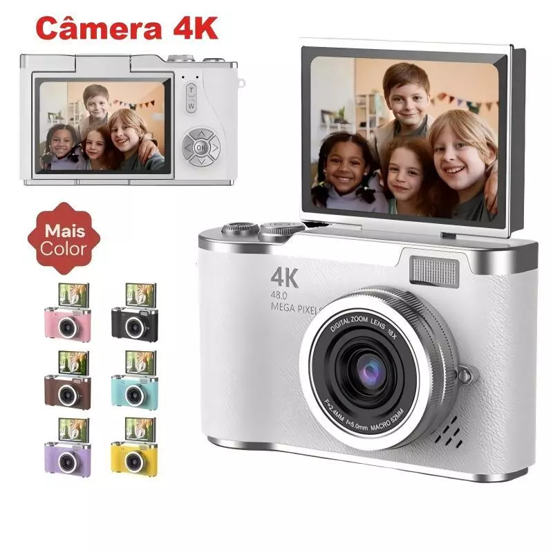 Câmera Digital CCD 4K 48MP com Tela Flip 8X Zoom | Presente Estudante Portátil Selfie Vlog