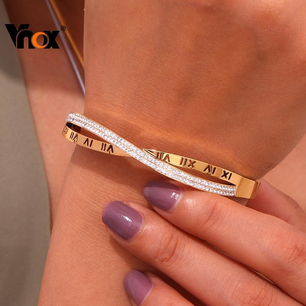 Vnox Gold Plated Stainless Steel Roman Numeral Zircon Double Layer Bangle Bracelet for Women Girl Luxury em Oferta na Shopee