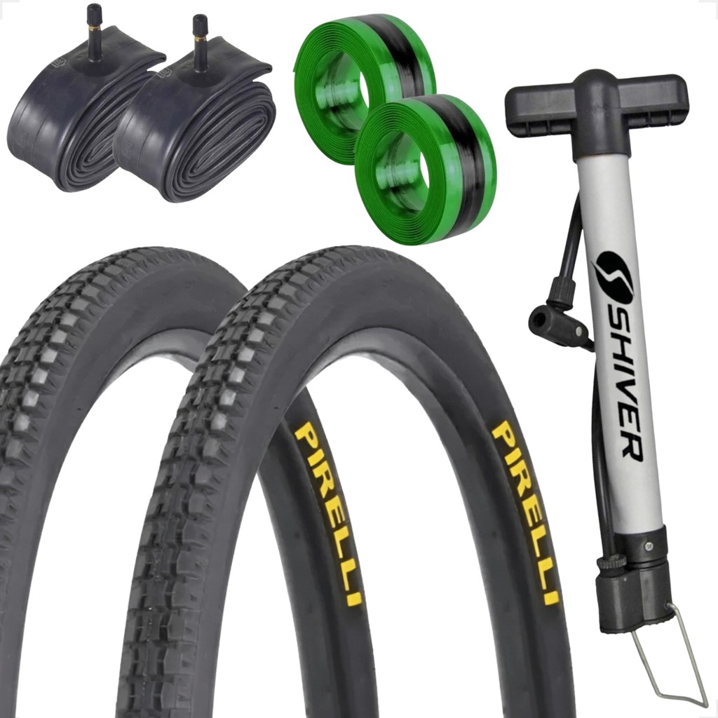 PAR PNEU 26 X 1.1 / 2X2 PRIMOR PIRELLI + PAR CAMARA BOMBA MANUAL FITA ANTIFURO MONARK CALOI TROPICAL