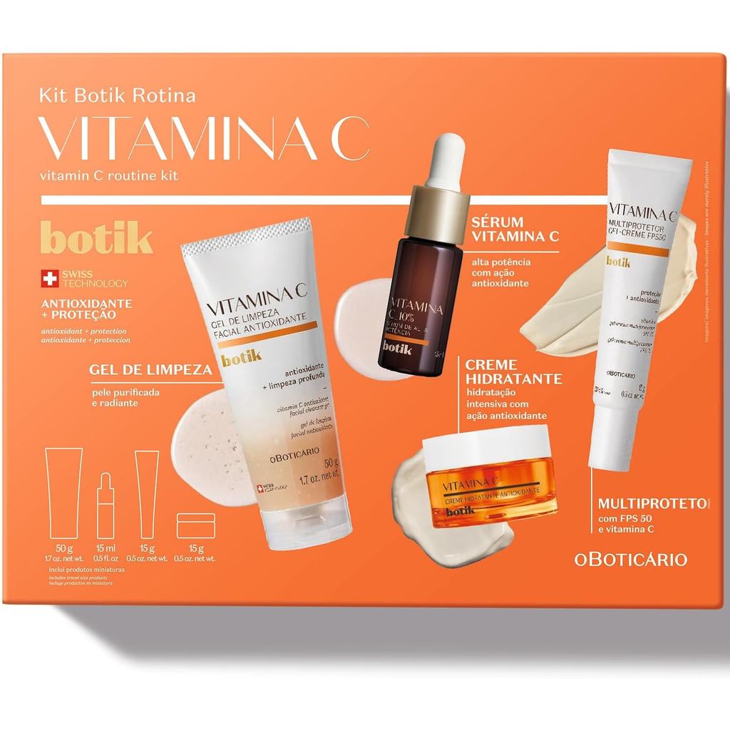 Kit Botik Vitamina C (4 itens) - Gel de limpeza 50gr + sérum vit. C 15ml + Multiprotetor 15gr + Creme hidratante 15gr