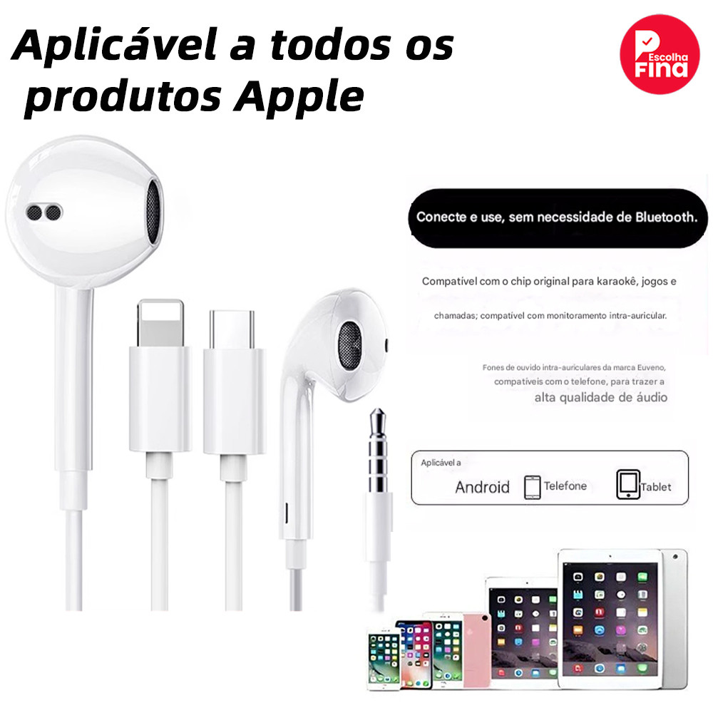 Fone Com Fio Stereo (com mic) para iPhone (Lightning/15-16 Type-C) e Android, compatível com Lightning/Type-C/3.5mm