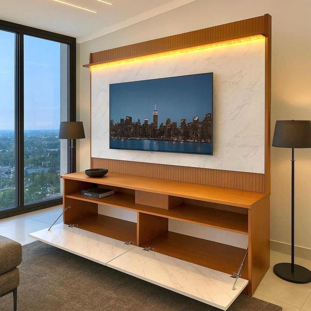 Rack Painel Ripado para TV até 70 Polegadas com LED 182cmx172cm Liso Rio Marrom Madeirado/Mármore Freijó/Off White