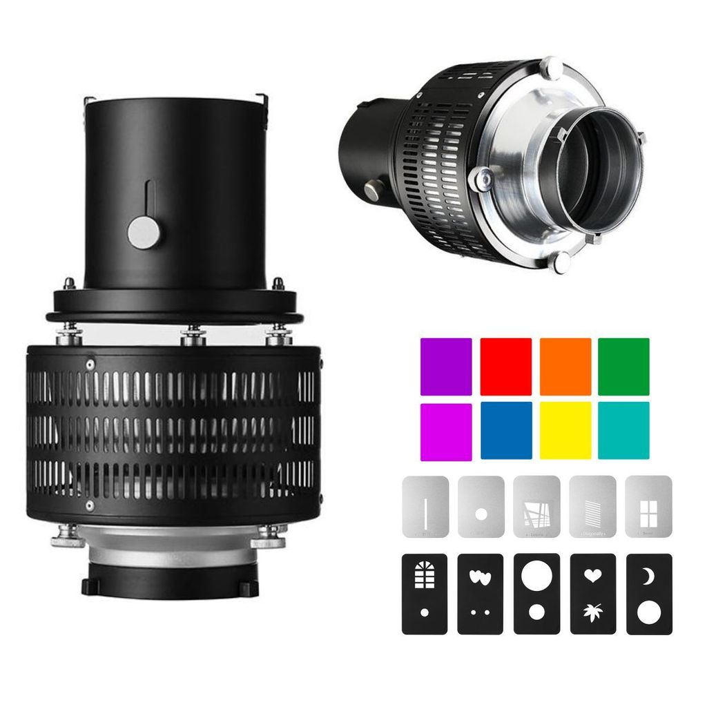 Kit Lente de Projeção Snoot Greika Encaixe Bowens Com Gelatinas Coloridas + Filtros de Efeito Janela