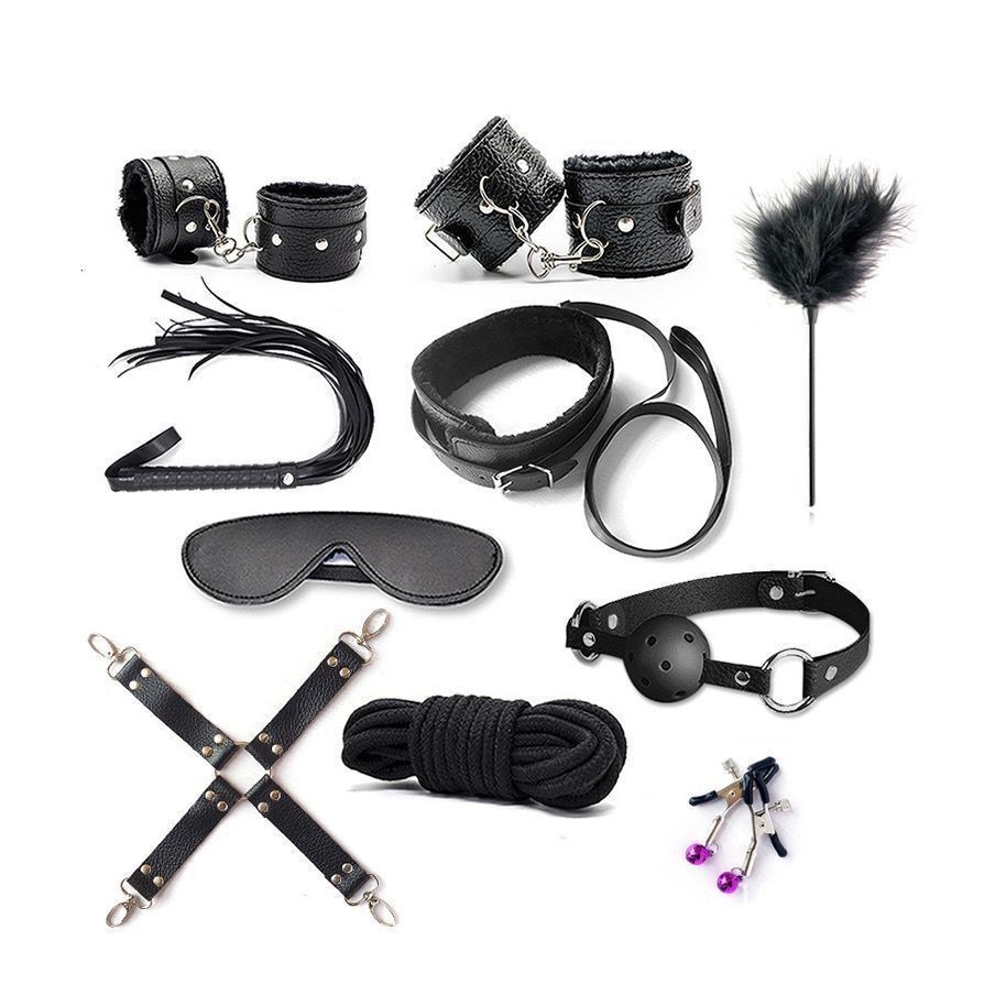 Kit Bondage 10 Peças Couro Sintético – Acessórios Fetiche para Casal com Algemas, Chicote, Coleira e Mordaça