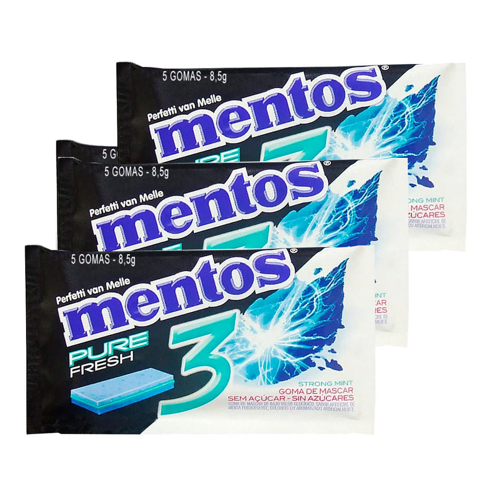 Kit 3 Chiclete Mentos Pure Fresh 3 Sabor Strong Mint Sem Açúcar 8,5g com 5 Unidades em Oferta na Shopee