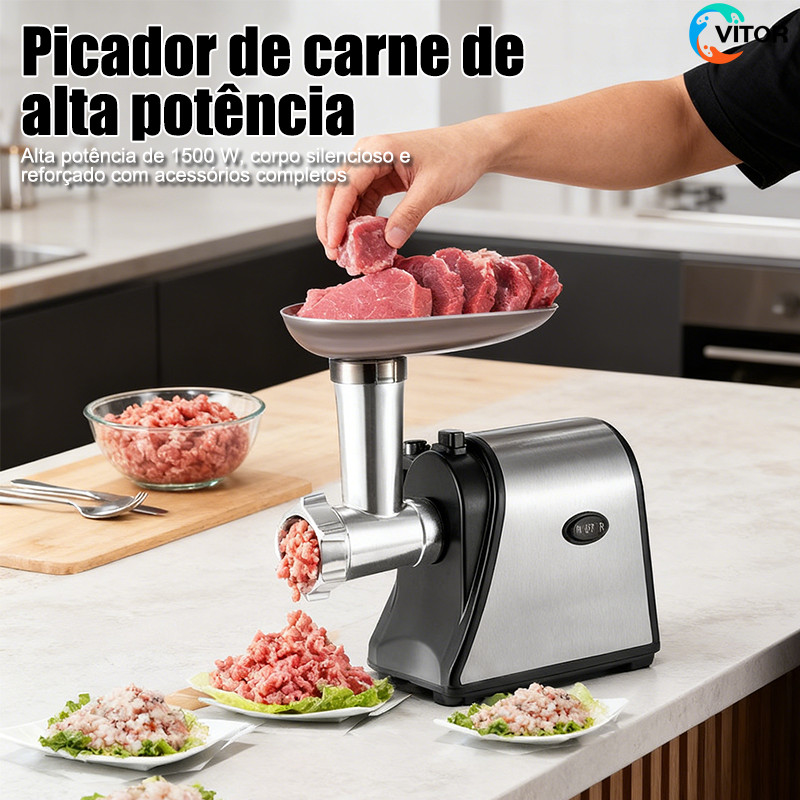 Moedor de Carne Elétrico 1500W Aço Inox 110/220V com Funil para Linguiça e 3 Discos de Corte VITOR