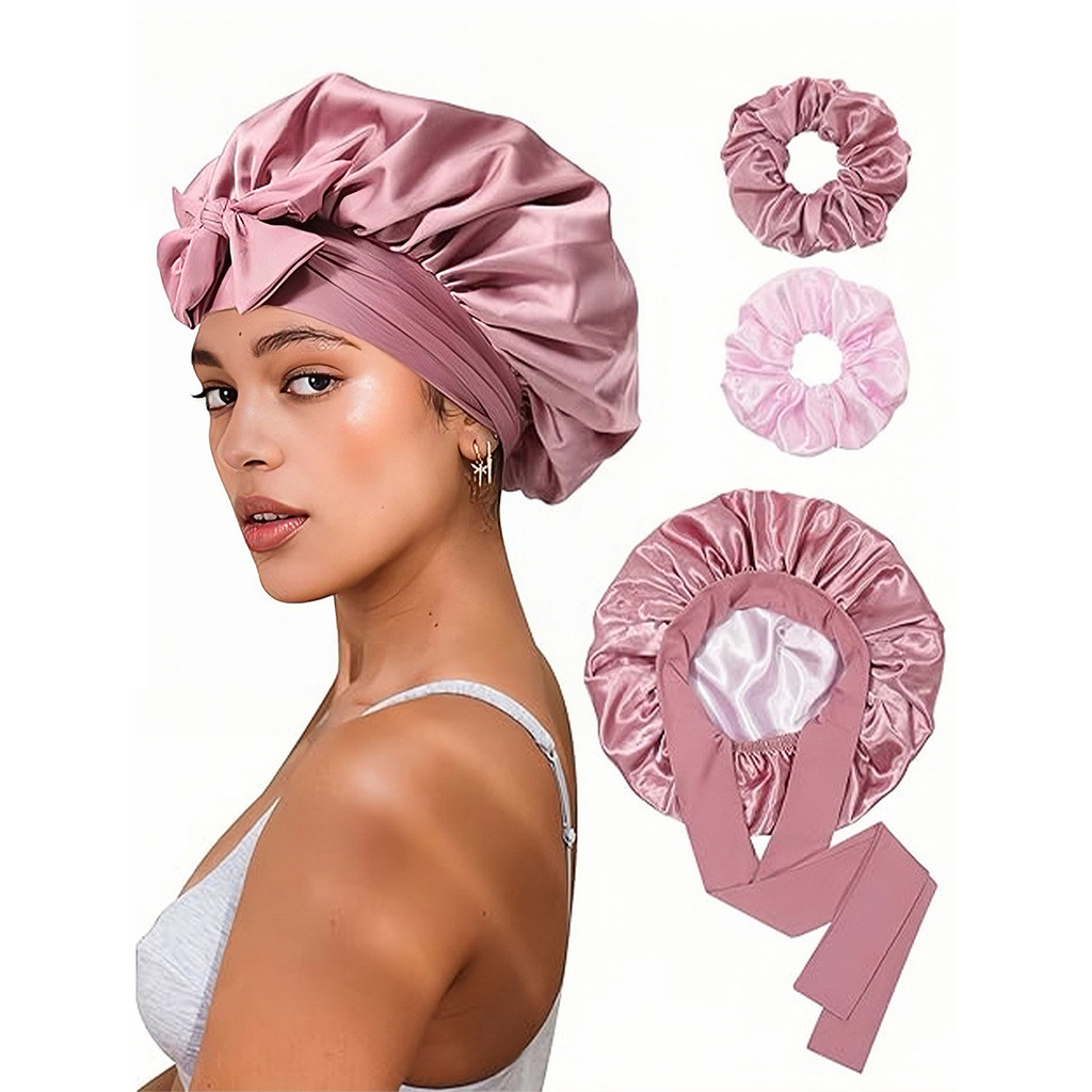 Touca de dormir de cetim de camada dupla, faixa longa de cetim para mulheres, dupla face, faixa de cabelo, 2 peças