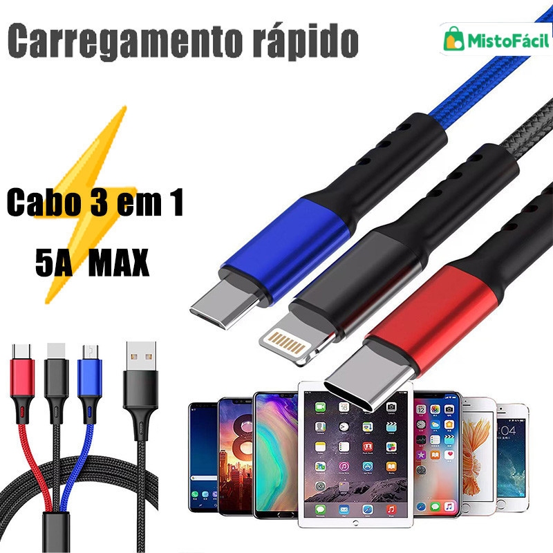 Cabo 3 em 1: Um Cabo para iPhone, Android e Todos os Dispositivos! Carregamento Rápido de Alta Velocidade！