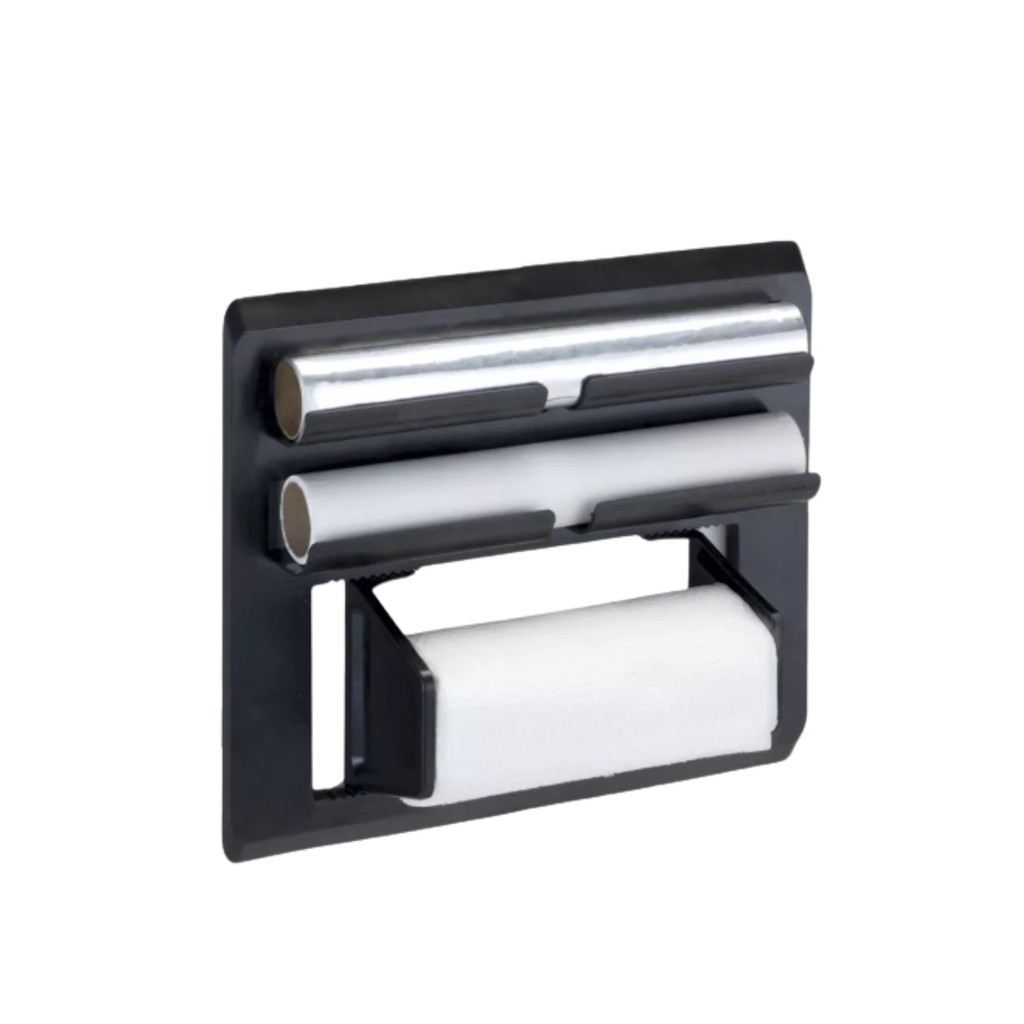 Suporte Ajustável Porta Rolo Triplo De Papel Toalha Alumínio Filme Cor Preto Adesivo 3M Arthi