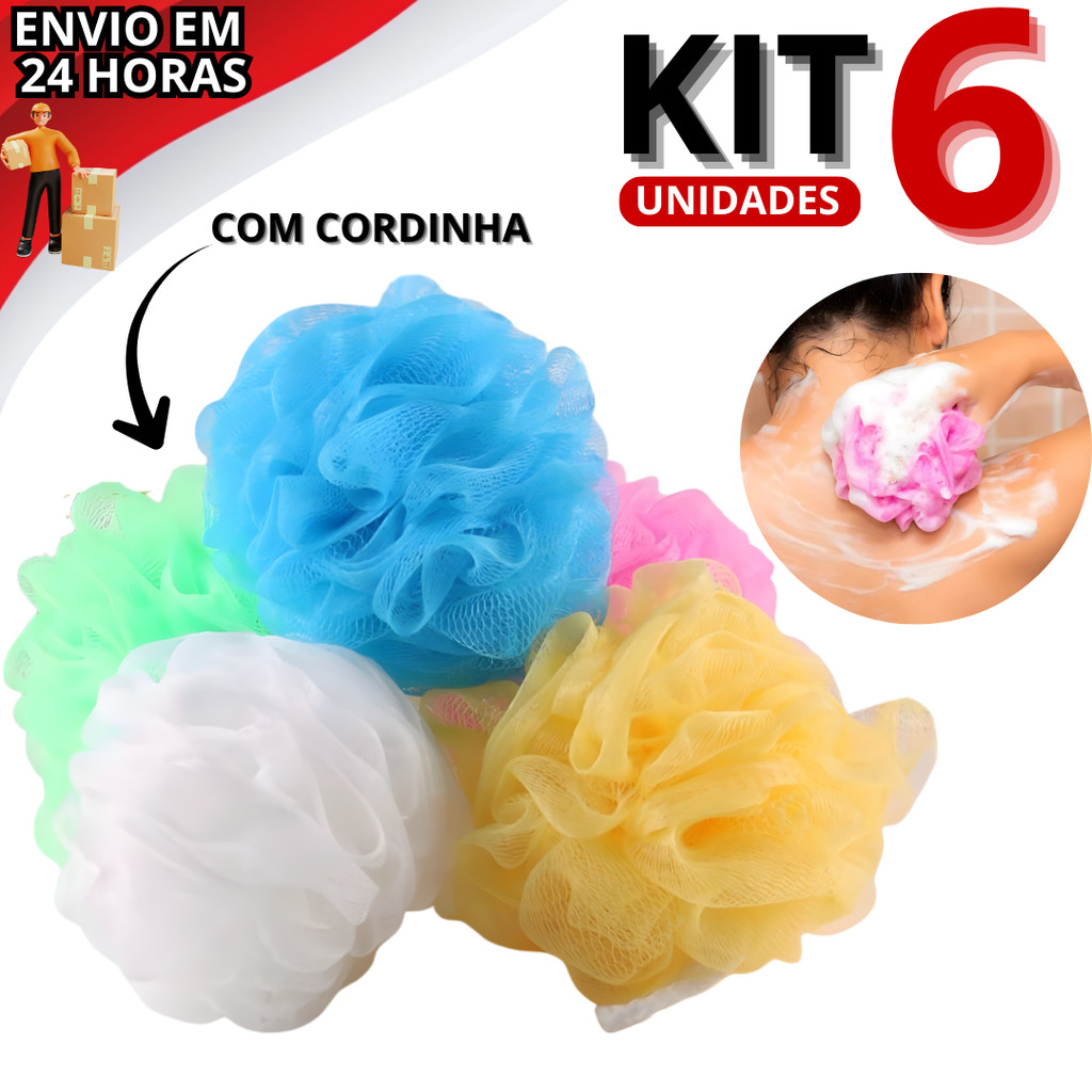 Kit 6 ou 3 Esponja Bucha De Banho Esfoliante De Nylon Macia Com Cordinha