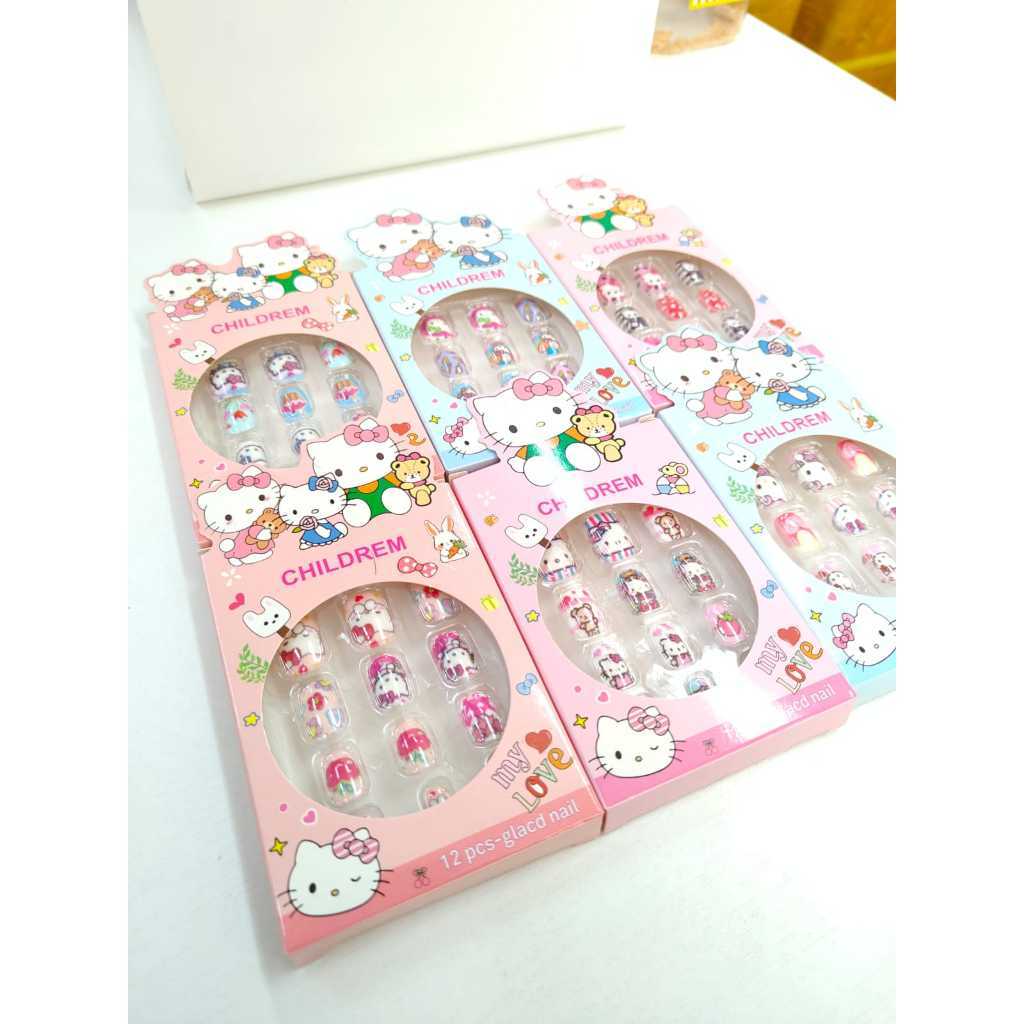 KIT Unhas postiças Infantil Hello kit kids Para criança 6 uni modelo adeivo artificial