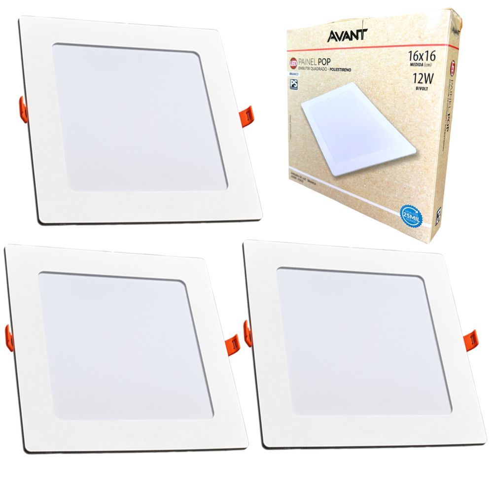 Kit 3 Painéis Plafon Quadrado Embutir 12W Luz Branca 6500K Luminária de Gesso Forro 127v 220v Avant em Oferta na Shopee