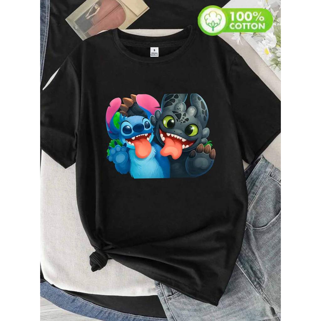 BR Moonlight Camiseta Feminina Stitch Toothless Amigos Dragon Estampada Confortável Fofa Divertida Casual