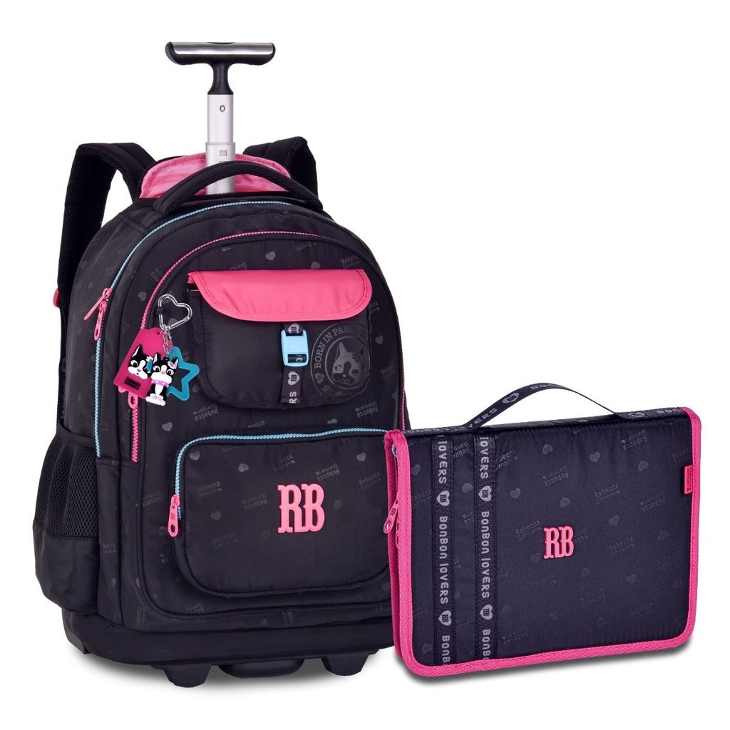 Mochila Carrinho Com Estojo Fichario Grande Kit Escolar Premium