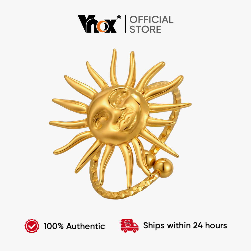 Vnox Gold Stainless Steel Sun Open Ring for Women Girl,Vintage Boho Sunface Design Chunky Ring em Oferta na Shopee