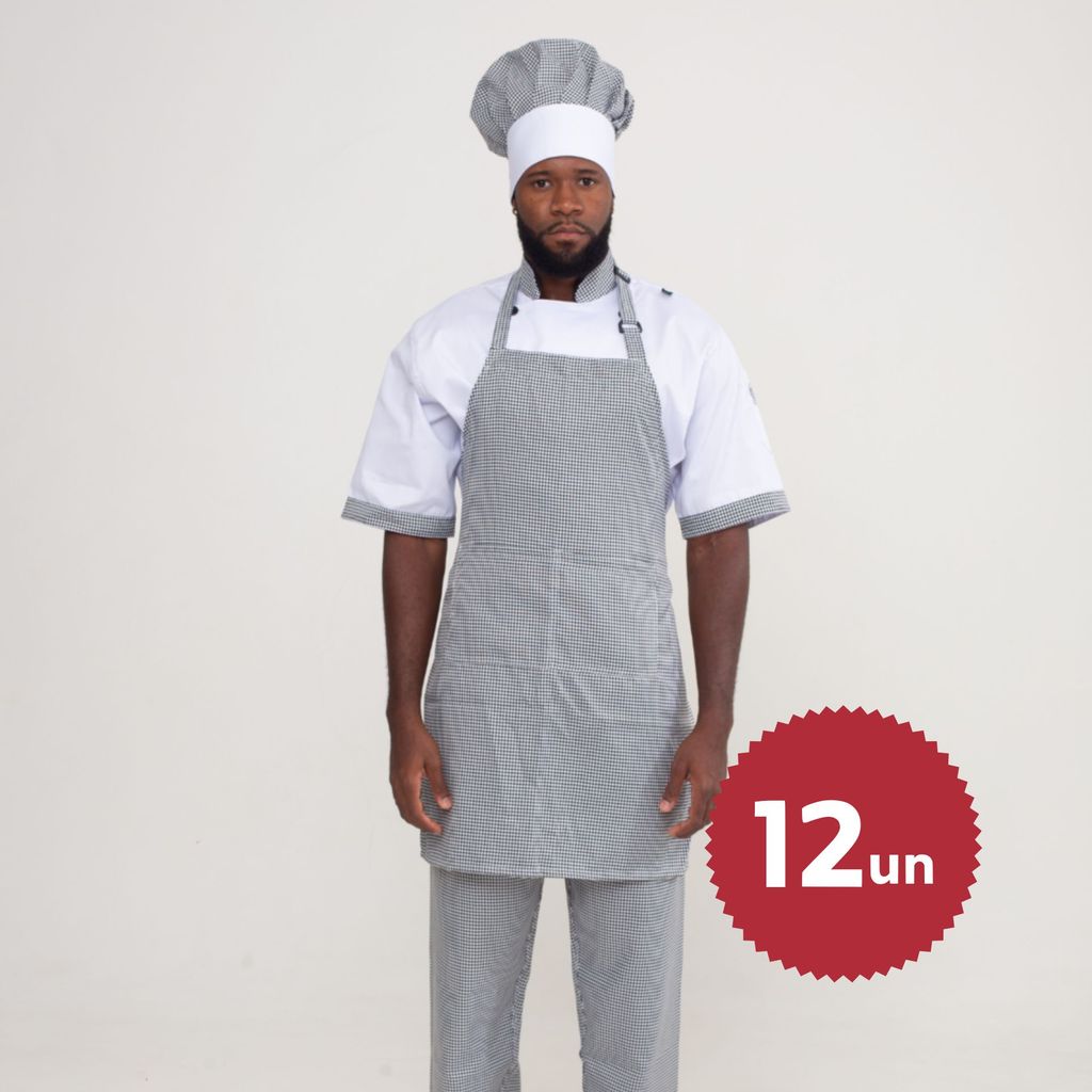 Kit 12 Aventais Xadrez Carijó Unissex Com Bolso Cozinha Chef Atendente Garçom Cumim Padaria Balcão Equipe Buffet
