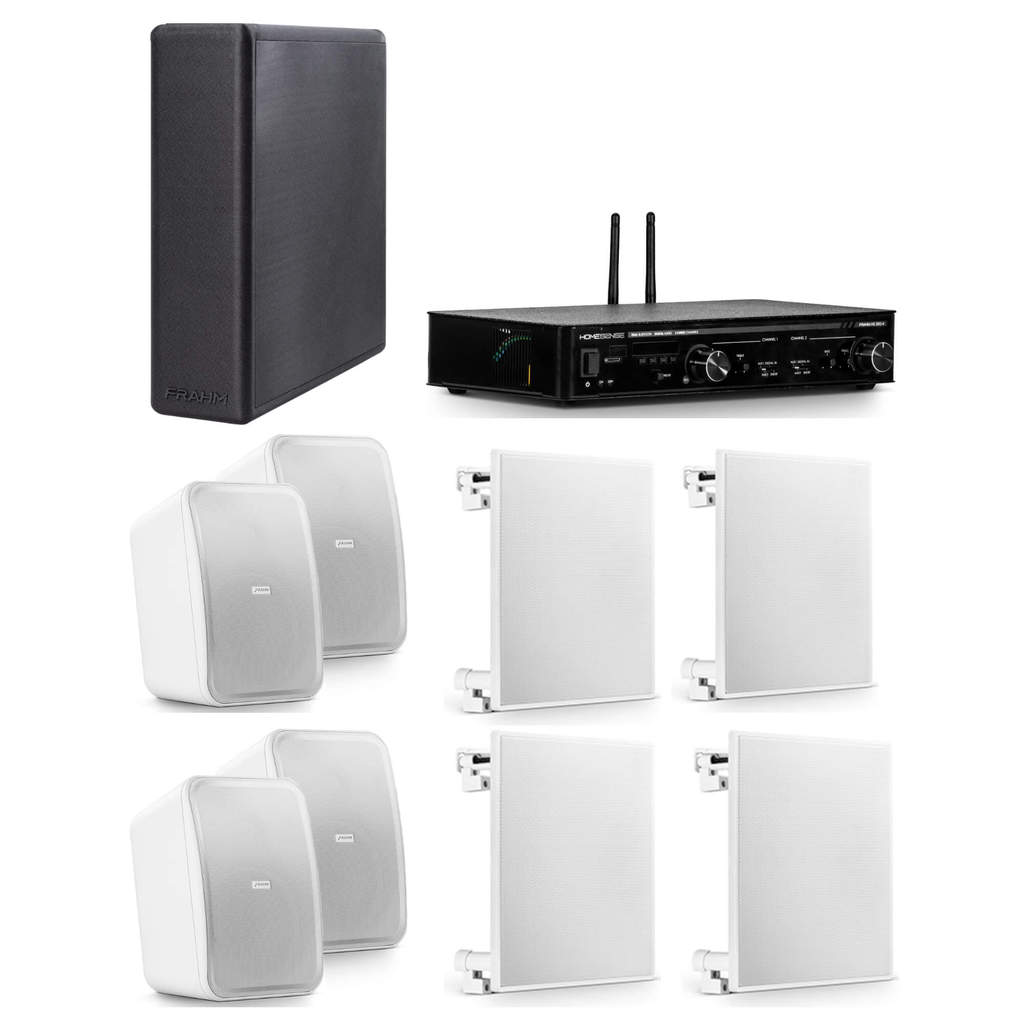 Kit Subwoofer 8" + Amplificador Receiver + 2 Pares de Caixas Outdoor + 4 Arandelas  6" 100W