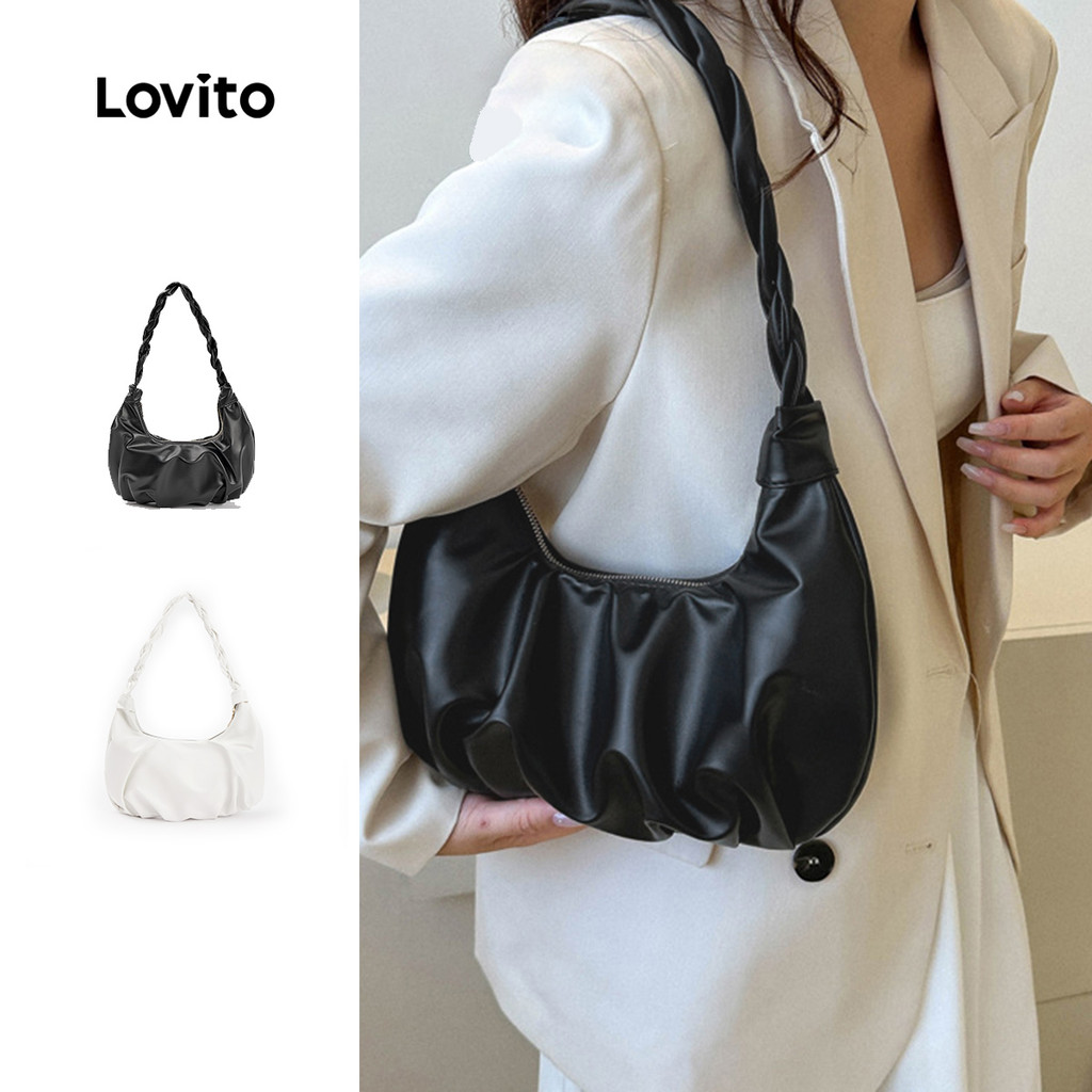Lovito Sacola Casual Com Alça Superior Bolsa Plissada Lisa Para Mulheres L66AD043  (Branco/Preto) em Oferta na Shopee
