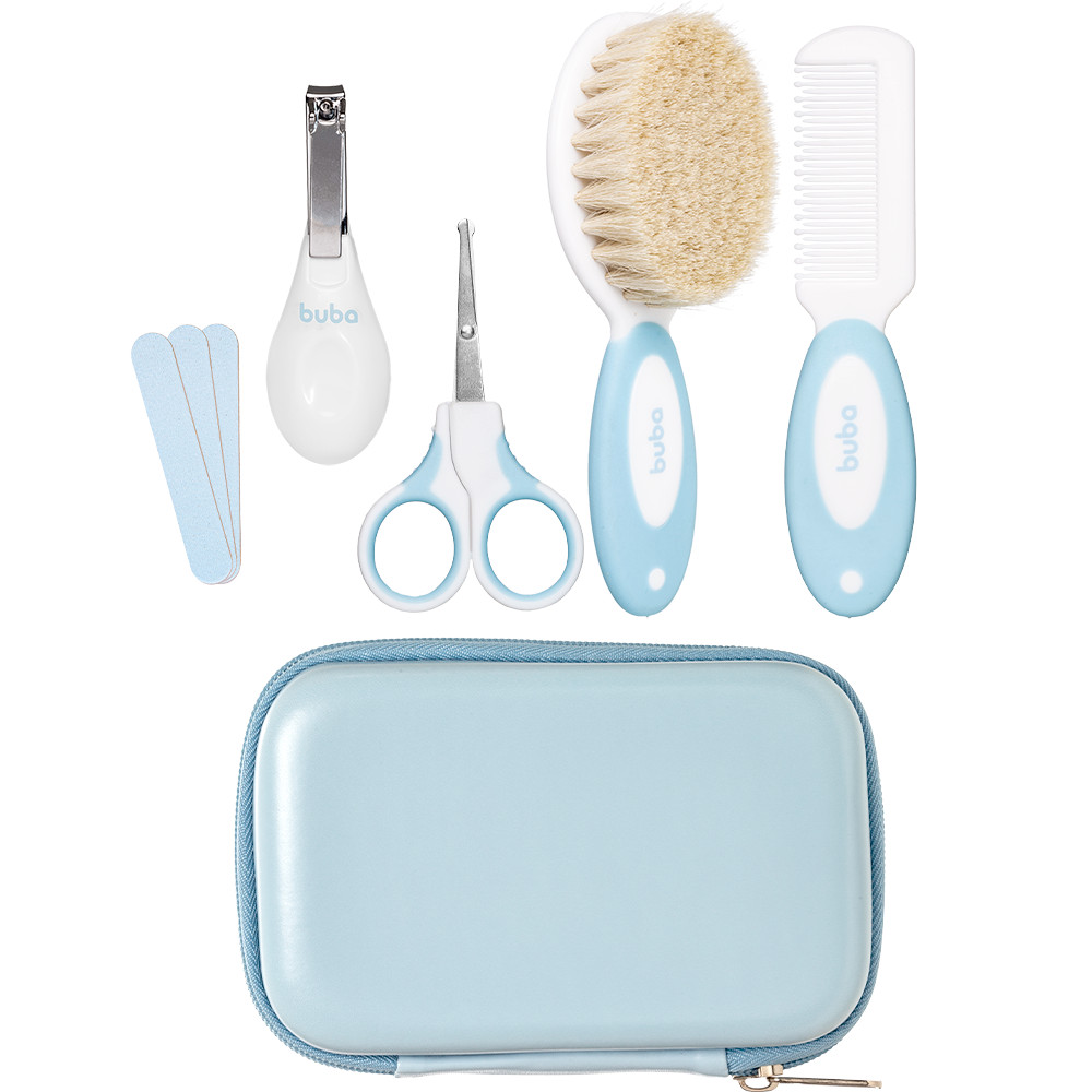 Kit Higiene Cuidados Bebê C/Estojo Tesoura Pente Cerdas Naturais Macias Lixa Azul Menino Buba