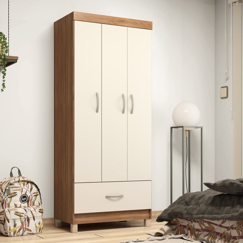 Guarda Roupa Solteiro 3 Portas 1 Gaveta Prince Bege/Amendola Touch/Off White