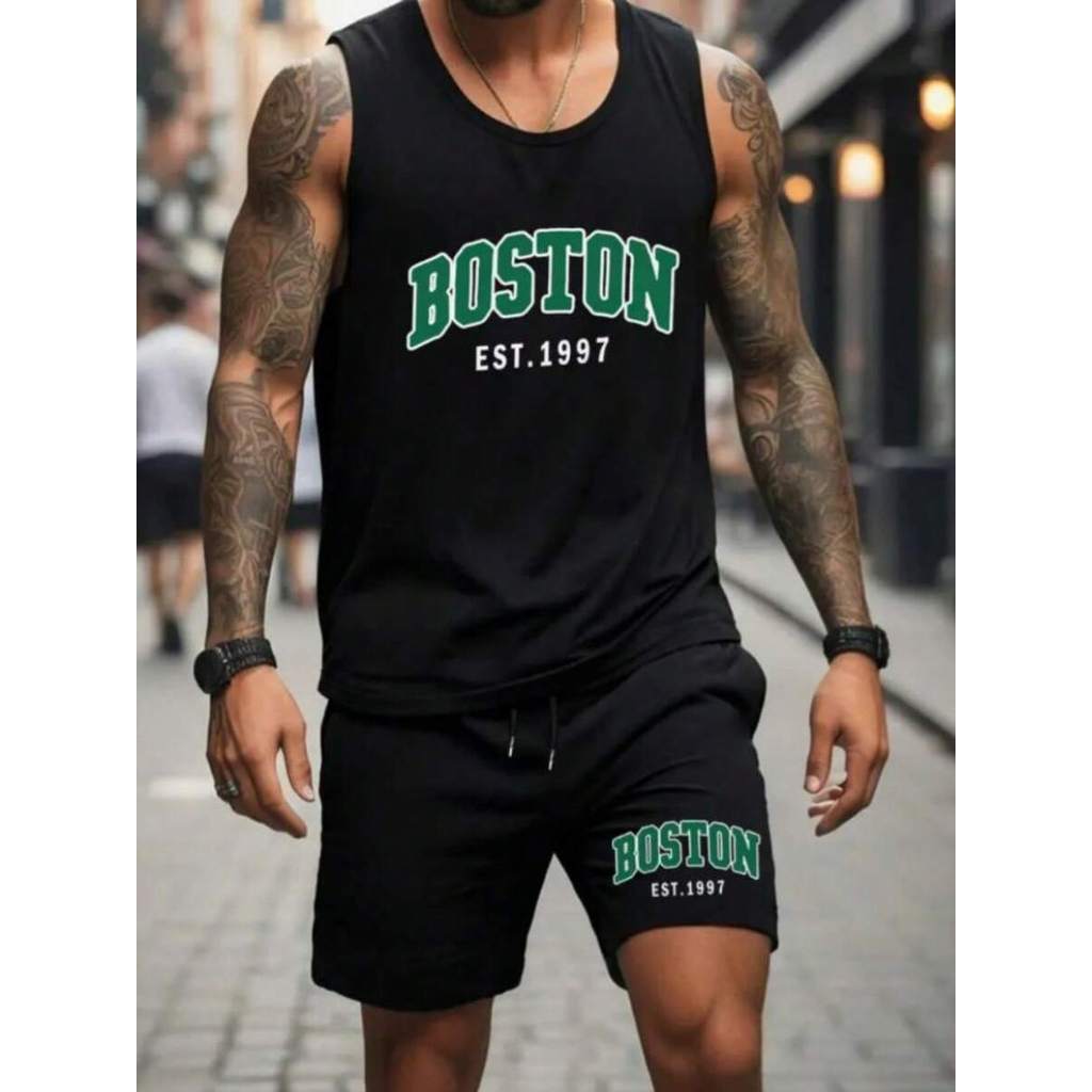 Kit 2 Peças Conjunto Masculino Boston Camiseta Cavada100% Algodão + Short Tectel Moda Masculina Streetwear Blusa Regata 