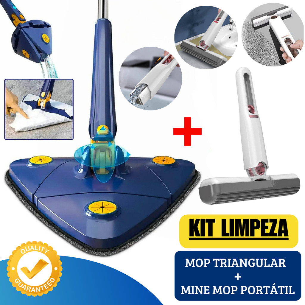Mop Triangular Giratório 360° + Mini Mop Compacto Kit Limpeza Piso Vidro Parede Teto