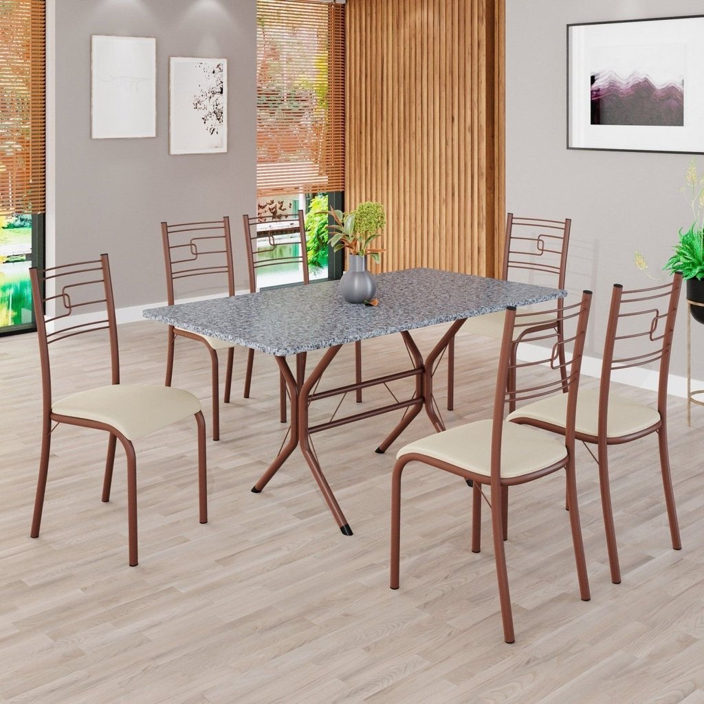Conjunto Sala de Jantar Mesa Retangular 140x75cm Tampo Granito Ocre 6 Cadeiras Paraty Marrom/Creme Creme/Marrom