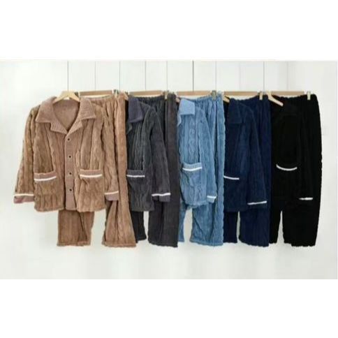 Pijama Masculino de Plush Inverno - Conjunto Fleece com Textura Trançada e Botões HY-019