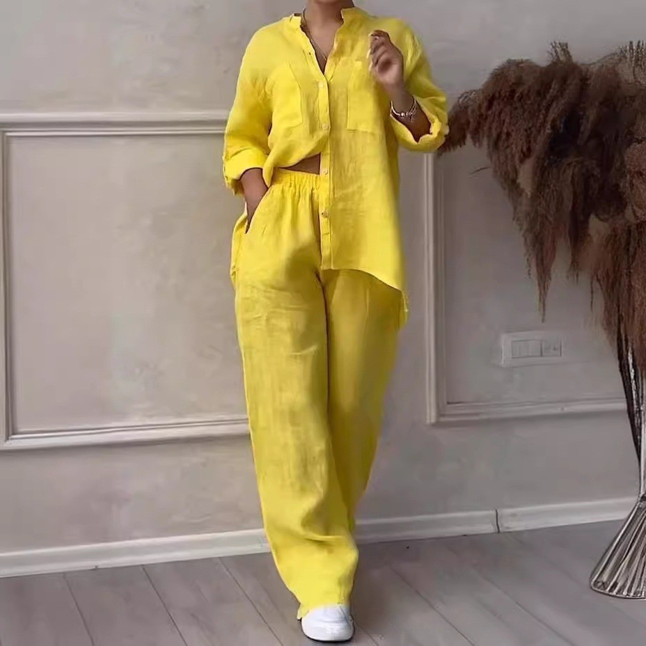 Conjunto de camisa e calça de algodão e linho, estilo casual, com cinto, calça feminina de perna larga.