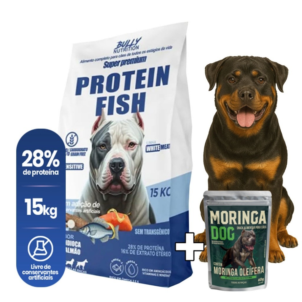 Ração Premium P Cães Rottweiler 15kg  Fish Protein White Meat + Ganhe MoringaDog 60g | Mais Saude